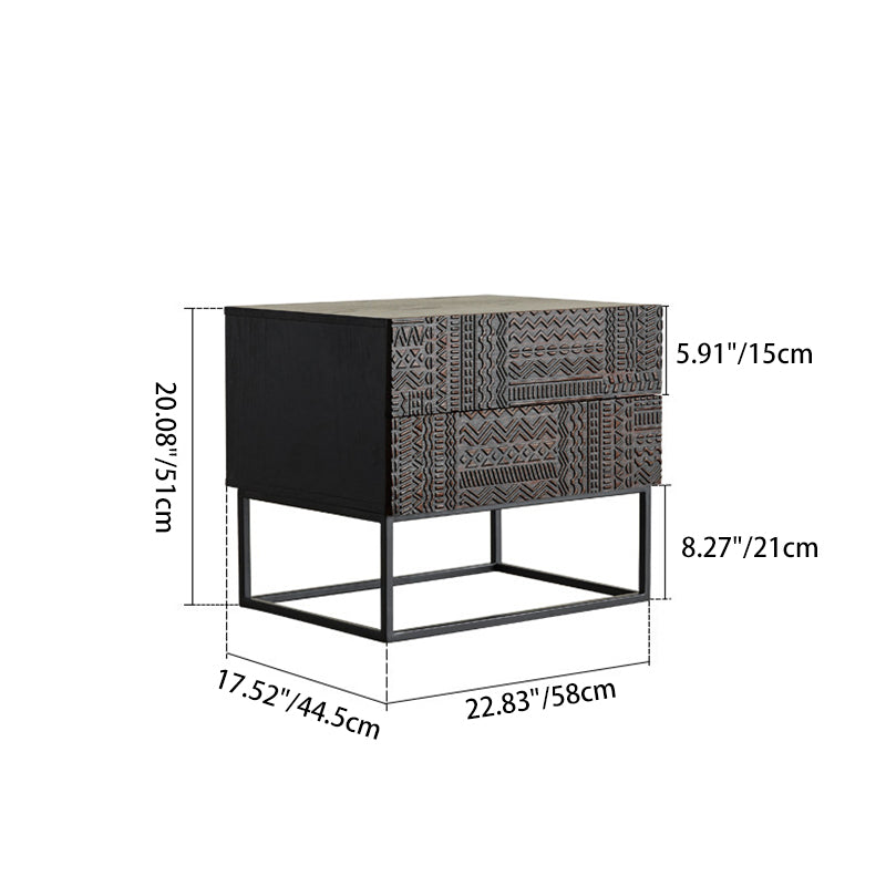 Contemporary Simplicity Solid Wood Carving Cuboid Nightstand 2-Drawer For Bedroom
