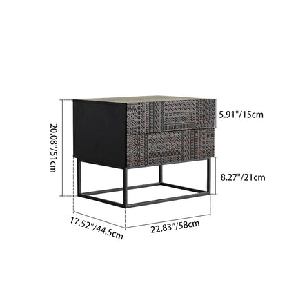 Contemporary Simplicity Solid Wood Carving Cuboid Nightstand 2-Drawer For Bedroom