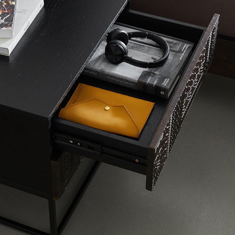 Contemporary Simplicity Solid Wood Carving Cuboid Nightstand 2-Drawer For Bedroom