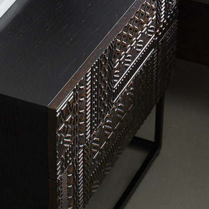 Contemporary Simplicity Solid Wood Carving Cuboid Nightstand 2-Drawer For Bedroom