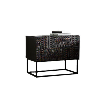 Contemporary Simplicity Solid Wood Carving Cuboid Nightstand 2-Drawer For Bedroom