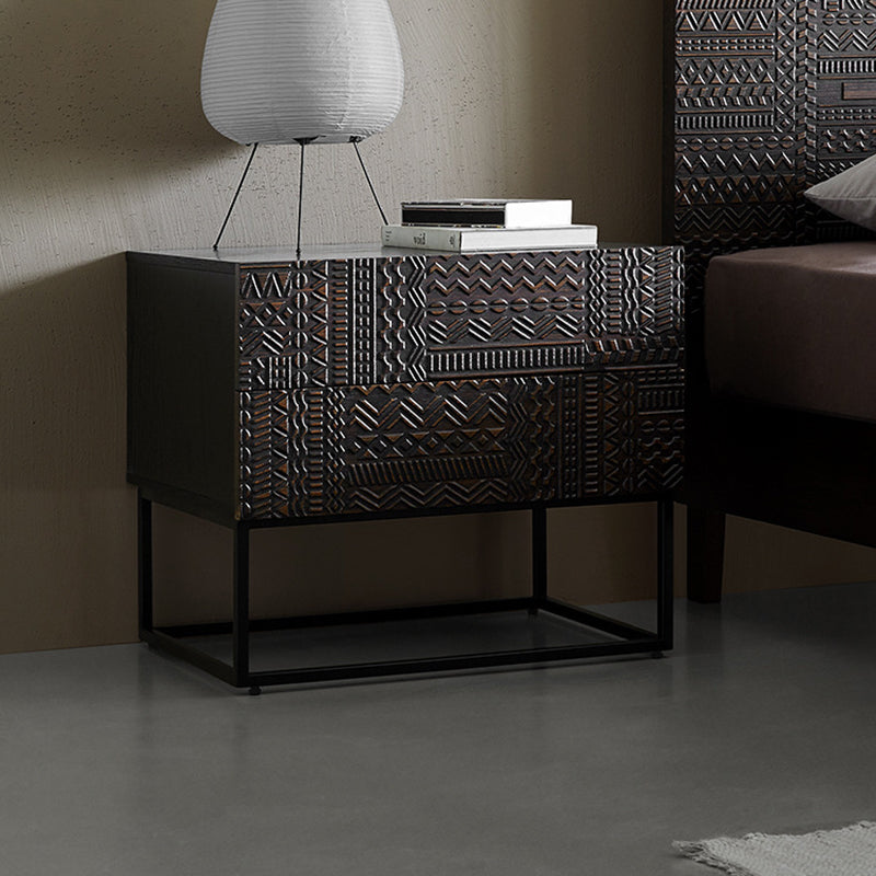 Contemporary Simplicity Solid Wood Carving Cuboid Nightstand 2-Drawer For Bedroom
