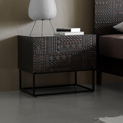 Contemporary Simplicity Solid Wood Carving Cuboid Nightstand 2-Drawer For Bedroom