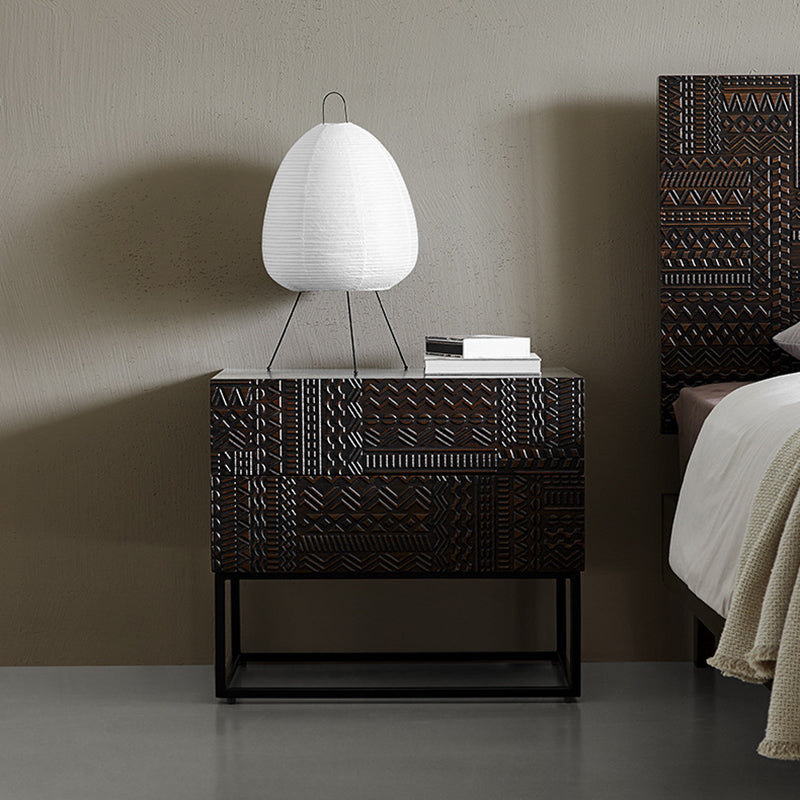 Contemporary Simplicity Solid Wood Carving Cuboid Nightstand 2-Drawer For Bedroom