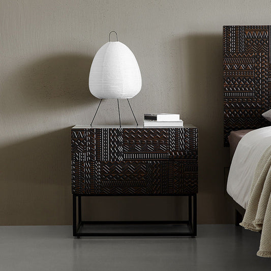 Contemporary Simplicity Solid Wood Carving Cuboid Nightstand 2-Drawer For Bedroom