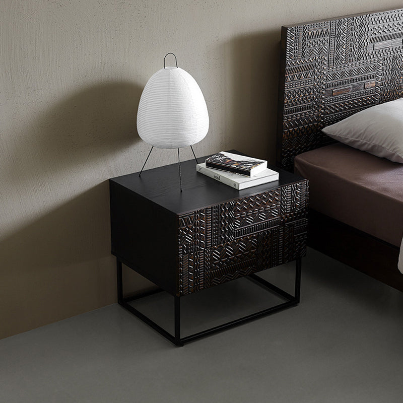 Contemporary Simplicity Solid Wood Carving Cuboid Nightstand 2-Drawer For Bedroom
