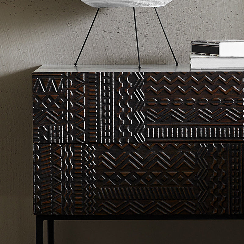 Contemporary Simplicity Solid Wood Carving Cuboid Nightstand 2-Drawer For Bedroom