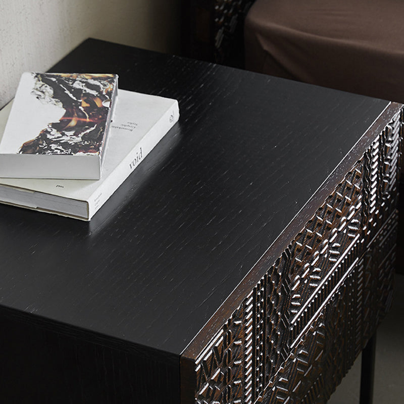 Contemporary Simplicity Solid Wood Carving Cuboid Nightstand 2-Drawer For Bedroom
