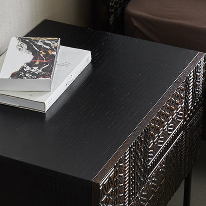 Contemporary Simplicity Solid Wood Carving Cuboid Nightstand 2-Drawer For Bedroom