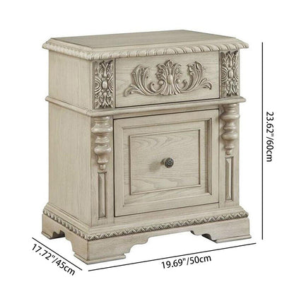 Traditional European Solid Wood Carving Cuboid Nightstand 2-Drawer For Bedroom