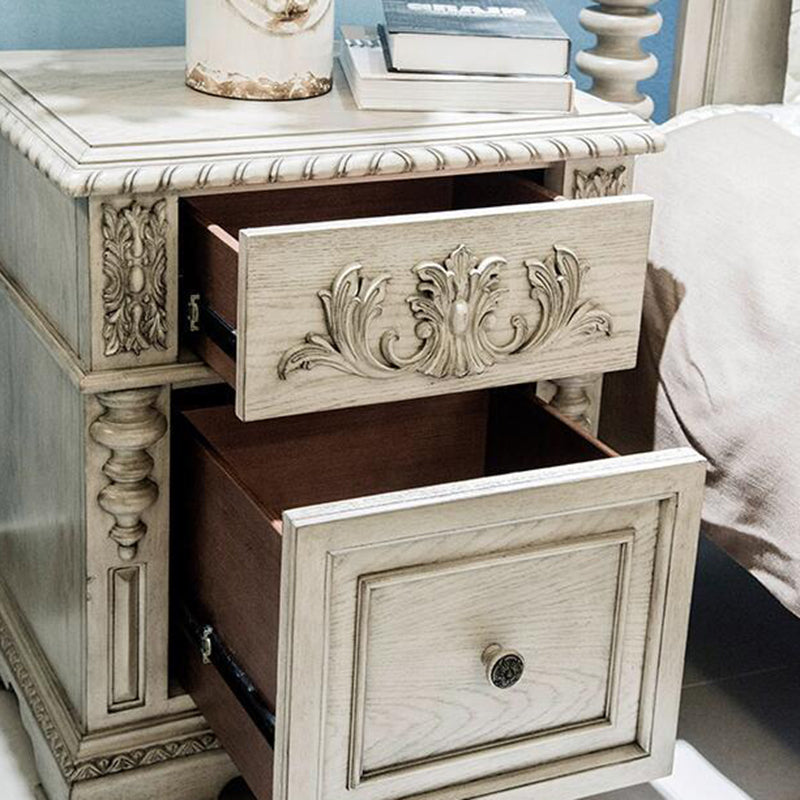 Traditional European Solid Wood Carving Cuboid Nightstand 2-Drawer For Bedroom