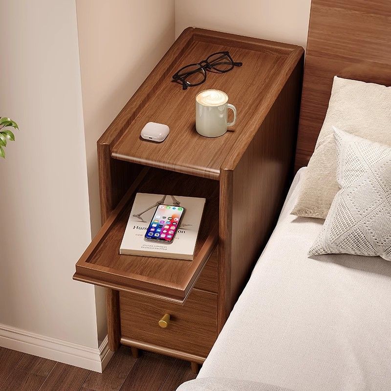 Contemporary Simplicity Rectangular Solid Wood Ultra-Narrow Nightstand Space-Saving Cabinet 2-Drawer For Bedroom