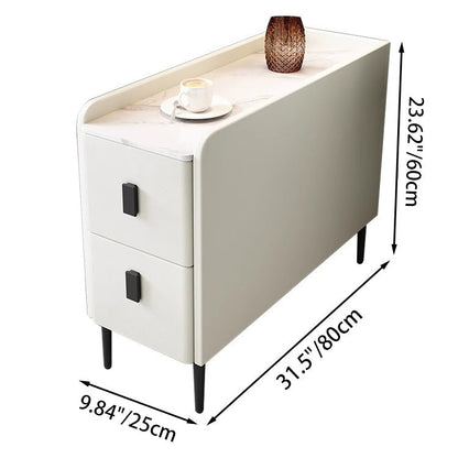 Contemporary Simplicity Sintered Stone Rectangular Top Solid Wood Frame Ultra-Narrow Nightstand Space-Saving Cabinet 2-Drawer For Bedroom