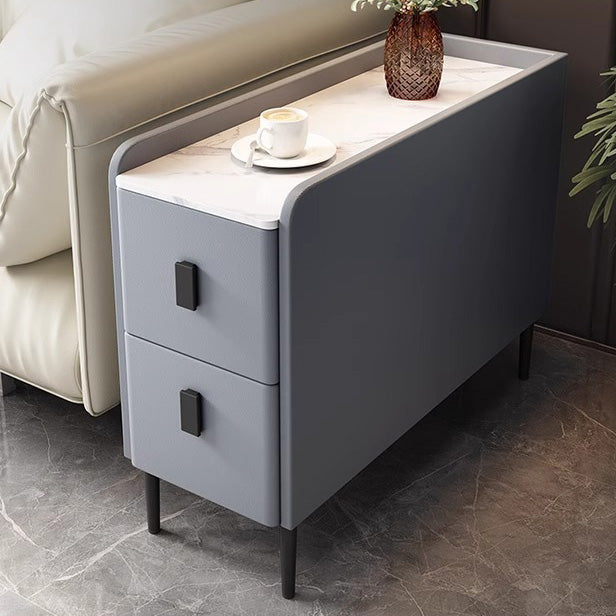 Contemporary Simplicity Sintered Stone Rectangular Top Solid Wood Frame Ultra-Narrow Nightstand Space-Saving Cabinet 2-Drawer For Bedroom