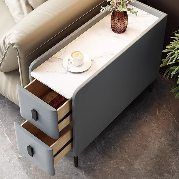 Contemporary Simplicity Sintered Stone Rectangular Top Solid Wood Frame Ultra-Narrow Nightstand Space-Saving Cabinet 2-Drawer For Bedroom