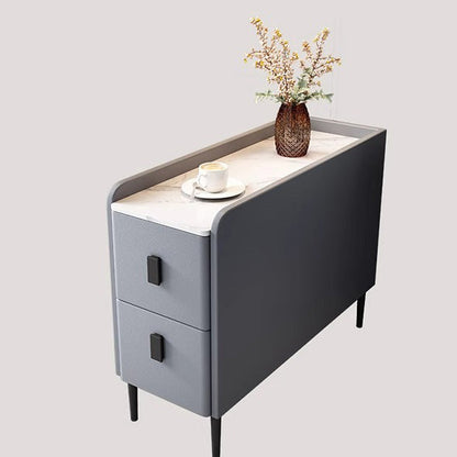 Contemporary Simplicity Sintered Stone Rectangular Top Solid Wood Frame Ultra-Narrow Nightstand Space-Saving Cabinet 2-Drawer For Bedroom