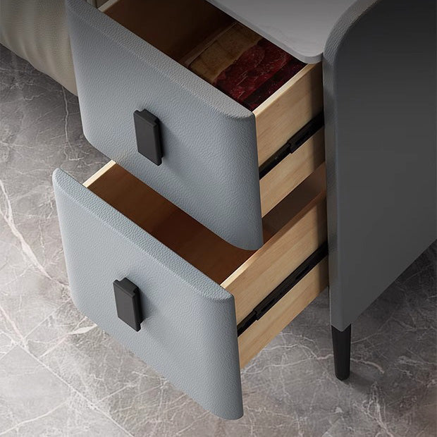 Contemporary Simplicity Sintered Stone Rectangular Top Solid Wood Frame Ultra-Narrow Nightstand Space-Saving Cabinet 2-Drawer For Bedroom