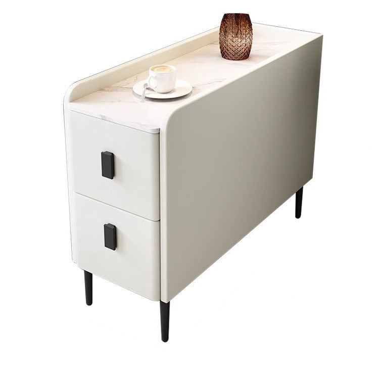 Contemporary Simplicity Sintered Stone Rectangular Top Solid Wood Frame Ultra-Narrow Nightstand Space-Saving Cabinet 2-Drawer For Bedroom