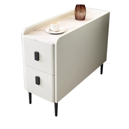 Contemporary Simplicity Sintered Stone Rectangular Top Solid Wood Frame Ultra-Narrow Nightstand Space-Saving Cabinet 2-Drawer For Bedroom