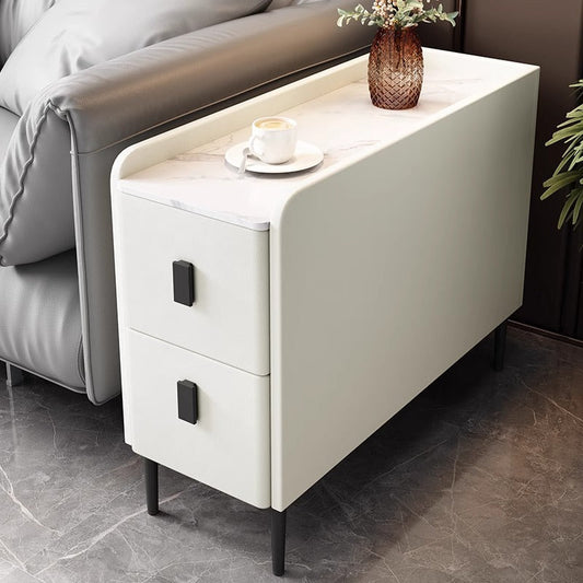 Contemporary Simplicity Sintered Stone Rectangular Top Solid Wood Frame Ultra-Narrow Nightstand Space-Saving Cabinet 2-Drawer For Bedroom