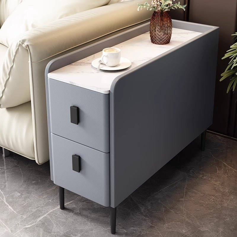 Contemporary Simplicity Sintered Stone Rectangular Top Solid Wood Frame Ultra-Narrow Nightstand Space-Saving Cabinet 2-Drawer For Bedroom