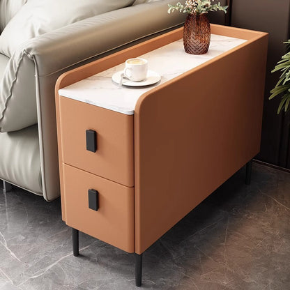 Contemporary Simplicity Sintered Stone Rectangular Top Solid Wood Frame Ultra-Narrow Nightstand Space-Saving Cabinet 2-Drawer For Bedroom