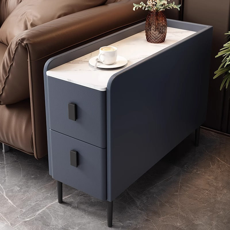 Contemporary Simplicity Sintered Stone Rectangular Top Solid Wood Frame Ultra-Narrow Nightstand Space-Saving Cabinet 2-Drawer For Bedroom