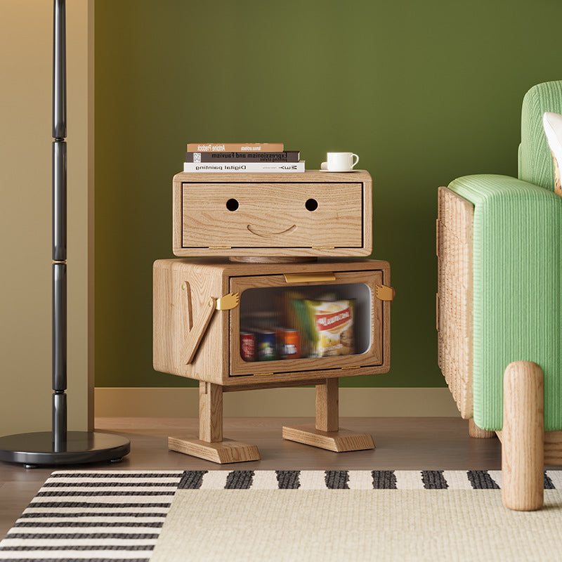 Contemporary Creative Robot Solid Wood Nightstand 2 Storage Cabinets For Bedroom