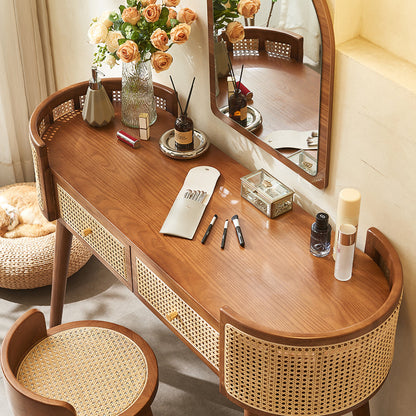 Contemporary Retro Oblong Solid Wood Rattan Dressing Table 2-Drawer For Bedroom