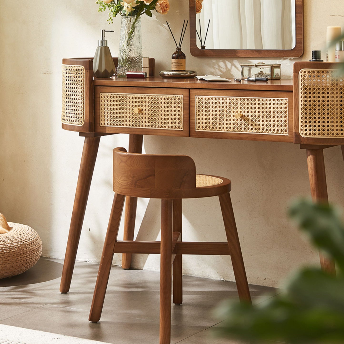 Contemporary Retro Oblong Solid Wood Rattan Dressing Table 2-Drawer For Bedroom
