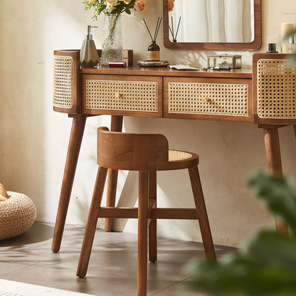 Contemporary Retro Oblong Solid Wood Rattan Dressing Table 2-Drawer For Bedroom