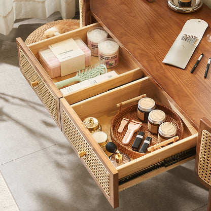 Contemporary Retro Oblong Solid Wood Rattan Dressing Table 2-Drawer For Bedroom