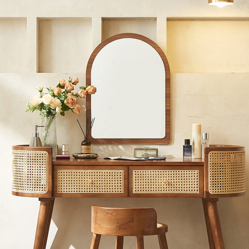 Contemporary Retro Oblong Solid Wood Rattan Dressing Table 2-Drawer For Bedroom