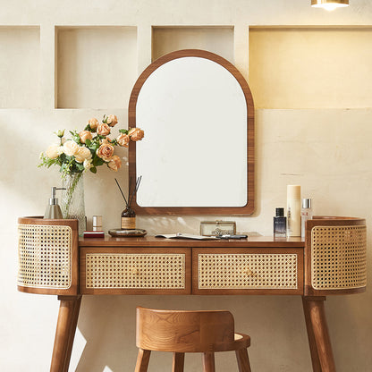 Contemporary Retro Oblong Solid Wood Rattan Dressing Table 2-Drawer For Bedroom