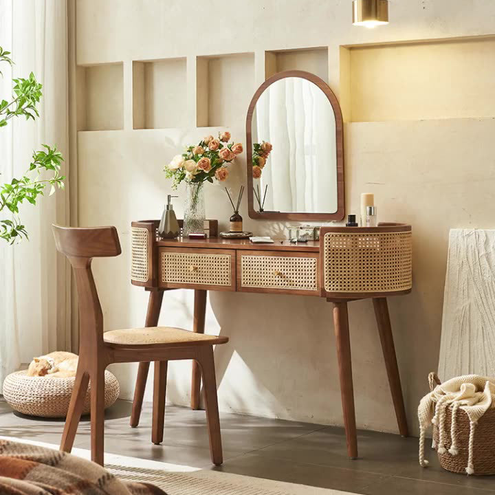 Contemporary Retro Oblong Solid Wood Rattan Dressing Table 2-Drawer For Bedroom