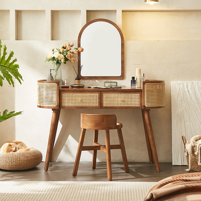 Contemporary Retro Oblong Solid Wood Rattan Dressing Table 2-Drawer For Bedroom