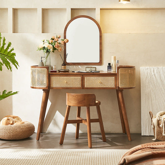 Contemporary Retro Oblong Solid Wood Rattan Dressing Table 2-Drawer For Bedroom