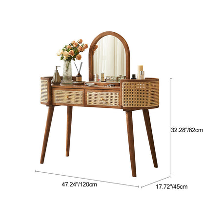 Contemporary Retro Oblong Solid Wood Rattan Dressing Table 2-Drawer For Bedroom
