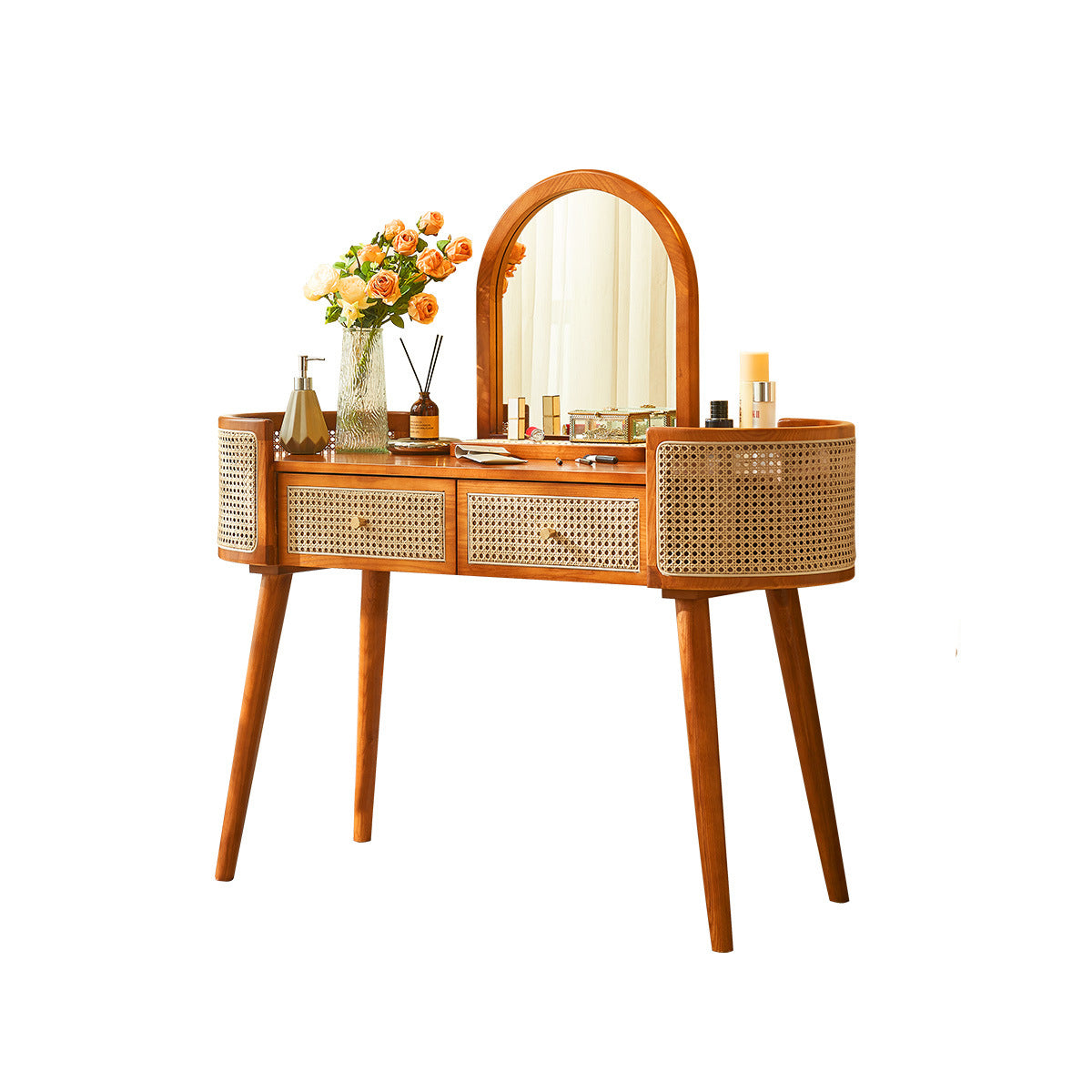 Contemporary Retro Oblong Solid Wood Rattan Dressing Table 2-Drawer For Bedroom