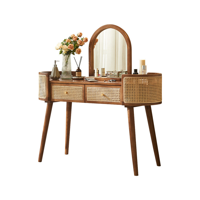 Contemporary Retro Oblong Solid Wood Rattan Dressing Table 2-Drawer For Bedroom