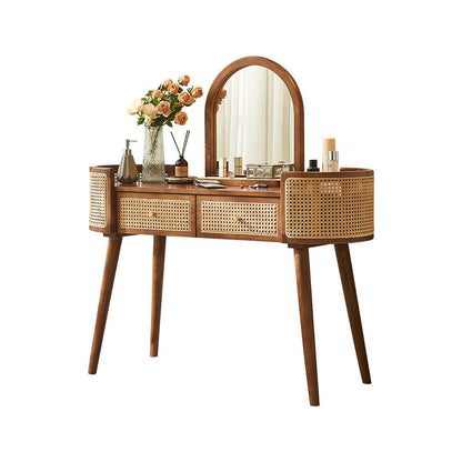 Contemporary Retro Oblong Solid Wood Rattan Dressing Table 2-Drawer For Bedroom