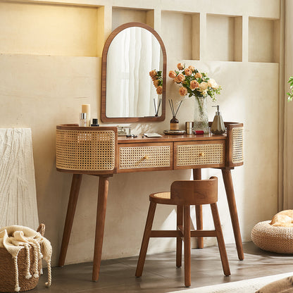 Contemporary Retro Oblong Solid Wood Rattan Dressing Table 2-Drawer For Bedroom