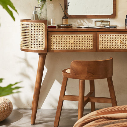 Contemporary Retro Oblong Solid Wood Rattan Dressing Table 2-Drawer For Bedroom