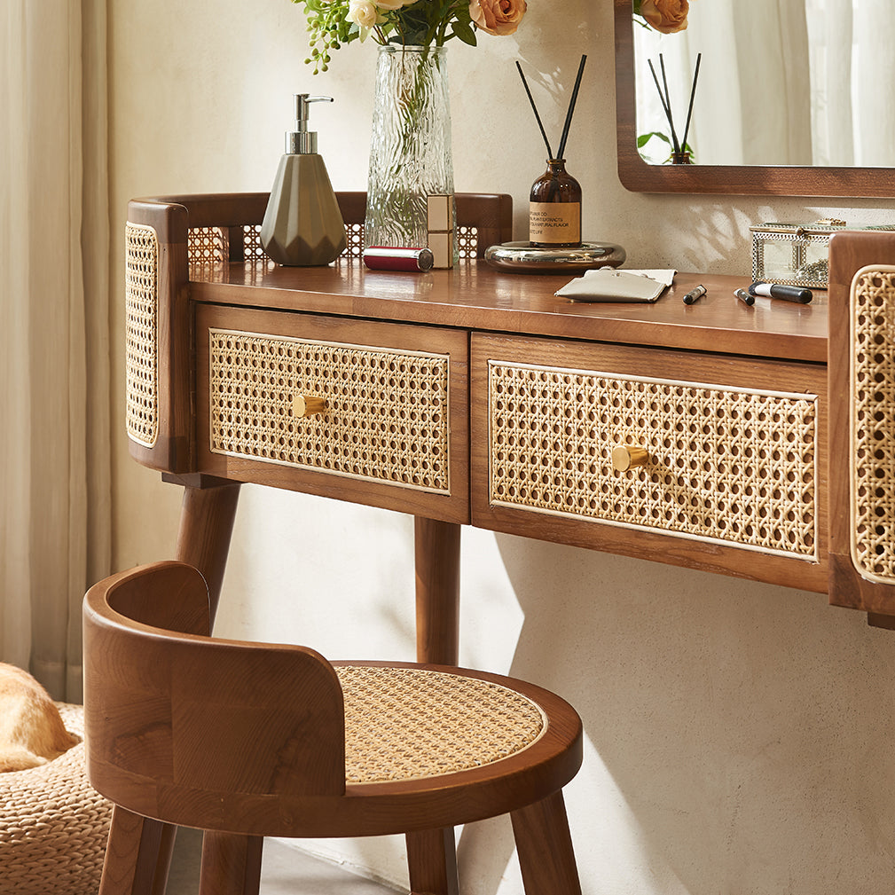 Contemporary Retro Oblong Solid Wood Rattan Dressing Table 2-Drawer For Bedroom
