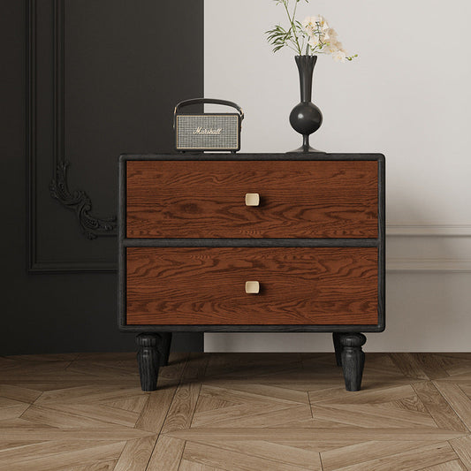 Traditional French Provincial Vintage Walnut Grain Cube Solid Wood Nightstand 2-Drawer For Bedroom