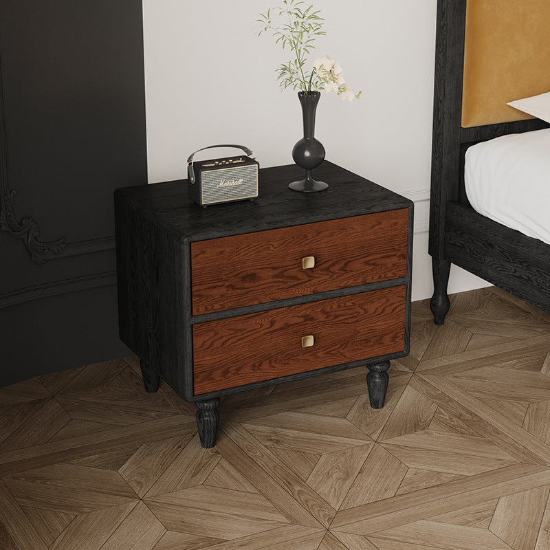 Traditional French Provincial Vintage Walnut Grain Cube Solid Wood Nightstand 2-Drawer For Bedroom