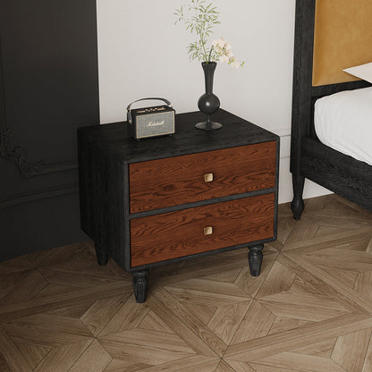Traditional French Provincial Vintage Walnut Grain Cube Solid Wood Nightstand 2-Drawer For Bedroom
