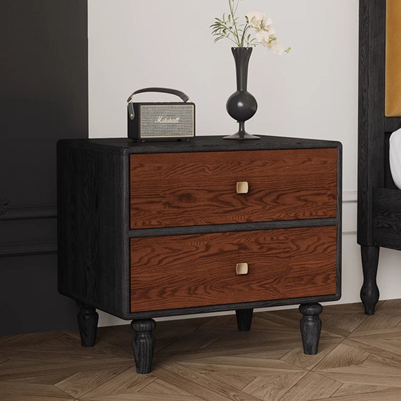 Traditional French Provincial Vintage Walnut Grain Cube Solid Wood Nightstand 2-Drawer For Bedroom