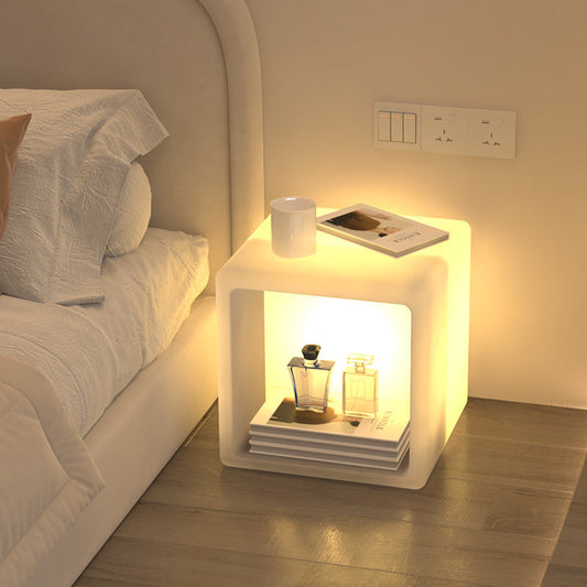 Modern Minimalist Plastic Geometric Cube Illuminated Nightstand 1-Storage Cabinet For Bedroom