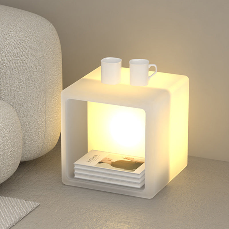 Modern Minimalist Plastic Geometric Cube Illuminated Nightstand 1-Storage Cabinet For Bedroom